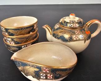 Lot #57 - Antique Japanese Satsuma Teapot, Creamer and Bowls Set with Gold Painted Crane Motif