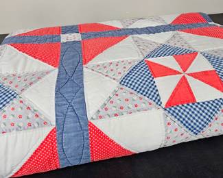 Lot #18 - Vintage Handmade Ohio Star Patchwork Quilt with Red, Blue, and White Floral and Gingham Patterns