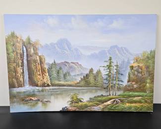 Lot #5 - Vintage Signed Landscape Oil Painting Featuring Waterfall and Mountain Scene on Canvas