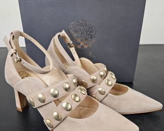 Lot #32 - New in Box Vince Camuto VC-Krellen Truffle Taupe Suede Studded Strap Heels with Ankle Buckle Size 8.5M