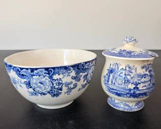 Lot #52 - Antique Blue and White Transferware Sugar Bowl with Lid and Floral Patterned Bowl