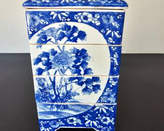 Lot #116 - Antique Japanese Ko Seto Ware Blue & White Porcelain Jubako Stacking Bento Box Hand Painted with Floral Motif