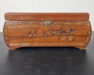 Lot #8 - Vintage Asian Hand-Carved Wooden Jewelry Trinket Box Footed Red Velvet Interior W/ Mirror & Brass Hardware