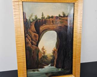 Lot #40 - Antique Oil on Canvas of Natural Bridge Scenic River Archway Landscape in Elegant Wooden Frame