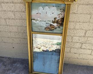 Lot #85 - Antique 1800s Federal Style Gilt Wood Tremeau Mirror with Reverse Painted Seascape Panel and Beaded Detailing