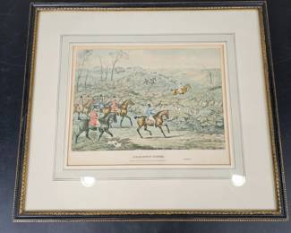 Lot #41 - Antique 1841 I.W. Laird Hand Colored Engraving 'Breaking Cover' Hunting Scene in Ornate Frame