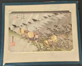 Lot #129 - Antique Shono: Driving Rain Japanese Chromolithograph Utagawa Hiroshige Ukiyo-e Art