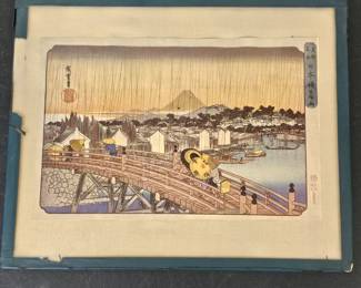 Lot #128 - Antique Rain at Nihonbashi Bridge Japanese Chromolithograph by Utagawa Hiroshige Ukiyo-e Art