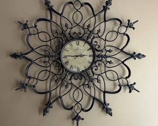 Ornate Wrought Iron Style Wall Clock with FleurdeLis Accents