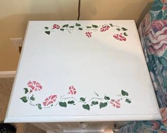 White Cottage Style Nightstand with Floral Accents and Crystal Knobs third image