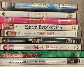 Collection of 10 DVDs: Shrek, Closer, Charlie's Angels, Erin Brockovich, Nutty Professor II, Shanghai Noon, Meet the Parents, A Christmas Story, Seane Corn Vinyasa Flow Yoga, There's Something About Mary