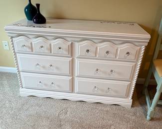 White Dresser with Floral Stencil and Glass Knobs