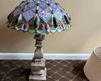 Tiffany Style Stained Glass Table Lamp with Floral or Leaf Motifs and Cabochons
