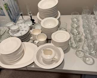White Ceramic Dinnerware Set with Embossed Rim