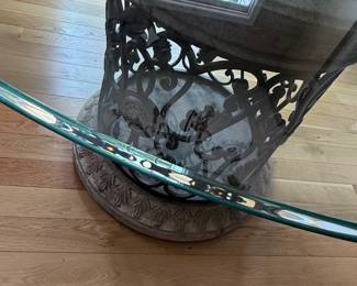 Round Glass Top Dining Table with Ornate Forged Iron Base third image