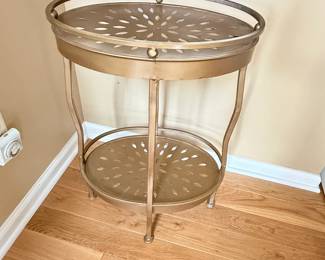 Gold Tone Metal Tiered Side Table with Perforated Shelves