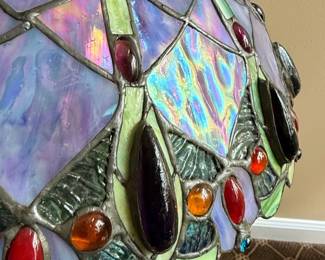 Tiffany Style Stained Glass Table Lamp with Floral or Leaf Motifs and Cabochons second image