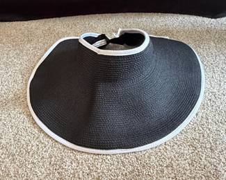 Black Paper Straw Sun Visor with White Trim and Bow Detail
