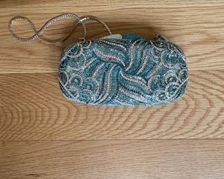 Blue and Silver Rhinestone Clutch Evening Bag with Chain Strap
