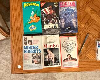 Collection of Vintage VHS Tapes: Aquaman, Rocky IV, Star Trek, Mister Roberts, Marilyn, The Man Who Loved Women