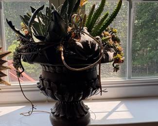 Ornate Urn Planter with Succulents and Frog Figurine