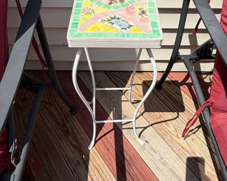 Mosaic Top Accent Table with Floral Motif and White Metal Base