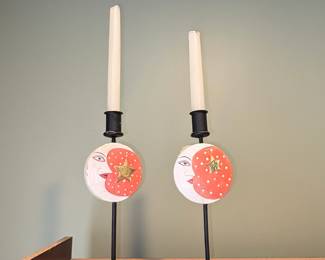 Folk Art Sun and Moon Face Candlestick Holders