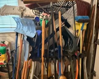 Assorted Garden Tools and Brooms with Tool Organizer