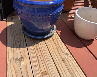 Blue Ceramic Planter with Embossed Dots and Saucer