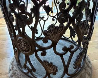 Round Glass Top Dining Table with Ornate Forged Iron Base second image