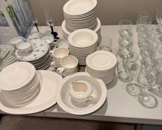 White Ceramic Dinnerware Set with Embossed Rim