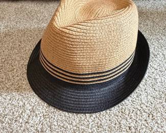 Straw Fedora Hat with Black Band and Stripes