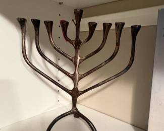 Brutalist Bronze Menorah Candlestick Holder