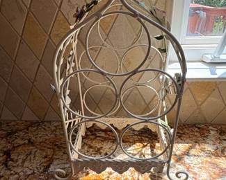 White Metal Wine Rack with Pink Roses and Scrollwork