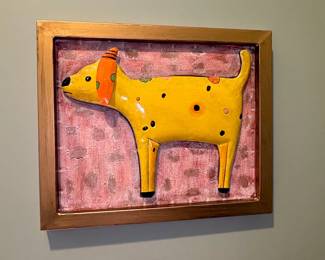 Folk Art Yellow Dog Wall Hanging  Handmade