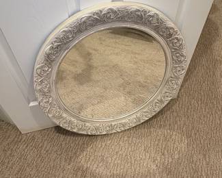 Oval Decorative Mirror with Ornate Frame, Distressed White Finish