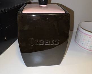 Ceramic "Treats" Jar with Pink Lid and Black Knob