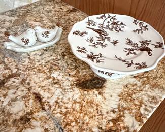 Andrea by Sadek Bird Toile Cake Stand and Salt  Pepper Shakers