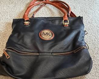 Faux Michael Kors Black Leather Tote Bag with Brown Trim