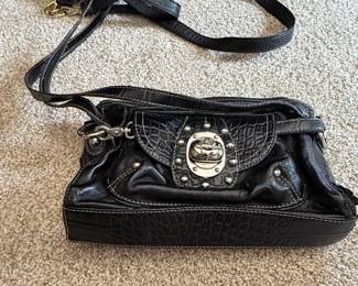 Black Faux Crocodile Embossed Shoulder Bag with SilverTone Hardware and Crown Emblem Clasp