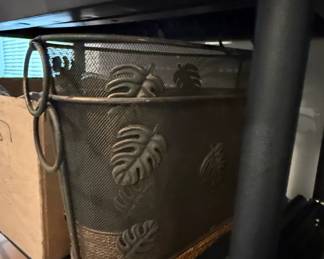 Decorative Metal Wastebasket with Tropical Leaf Motifs and Woven Base