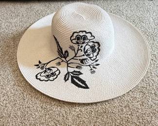 Straw Sun Hat with Black Floral Embroidery and Beads