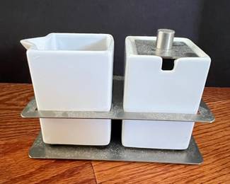 Modern White Ceramic Sugar Bowl and Creamer Set with Metal Stand