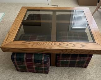 Oak and Plaid Upholstered Ottoman Coffee Table