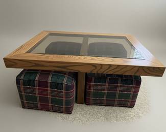 Oak and Plaid Upholstered Ottoman Coffee Table