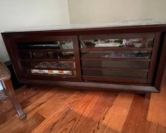 Dark Wood Media Console with Sliding Glass Doors