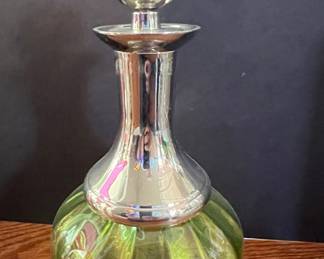 Vintage Green Glass Bottle with Silver-Tone Stopper