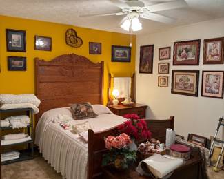 Full oak bed with original side rails. Extremely sturdy. Ready to use. Mattresses included.