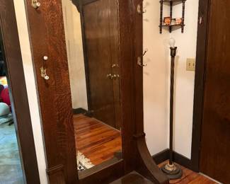 Oak hall mirror. Original beveled glass mirror.