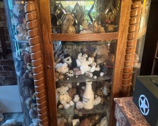 Curio cabinet, Boyd’s Bears, antique dolls, metal wind up toys, lambs and bears